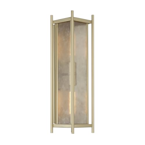 5-3805-344 Jacobs Mid-Century Modern Clear Mica Glass Rectangular Outdoor Wall Lantern, 2-Light 120 Total Watts, 22" H x 6" W, Serene Brass (22" Height / Serene Brass)