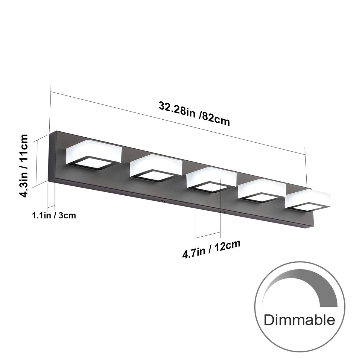 Dimmable Matte Black Vanity Light Modern 5 Lights Acrylic Stainless Steel Vanity Wall Light Over Mirror Long LED Modern Bathroom Vanity Lighting Fixtures (Black-Dimmable / 34 inch)