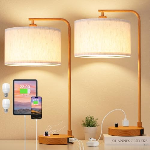 Wood Paint Bedside Lamps Set of 2 (E-Beige Shade & Wood Paint Base)