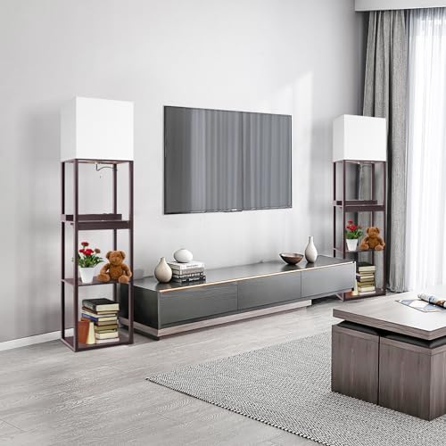 Floor Lamp with Shelves (Upgraded Plus- Walnut with Wireless Charger &USB Ports & Drawer)
