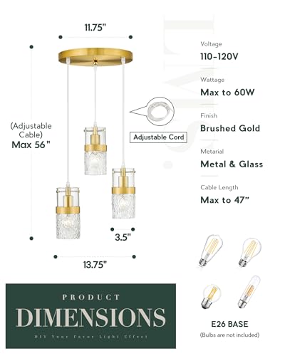 3 Light Pendant Light Fixtures (Gold -Hammered Glass / 3.5" Hammered Glass, 3-Light)