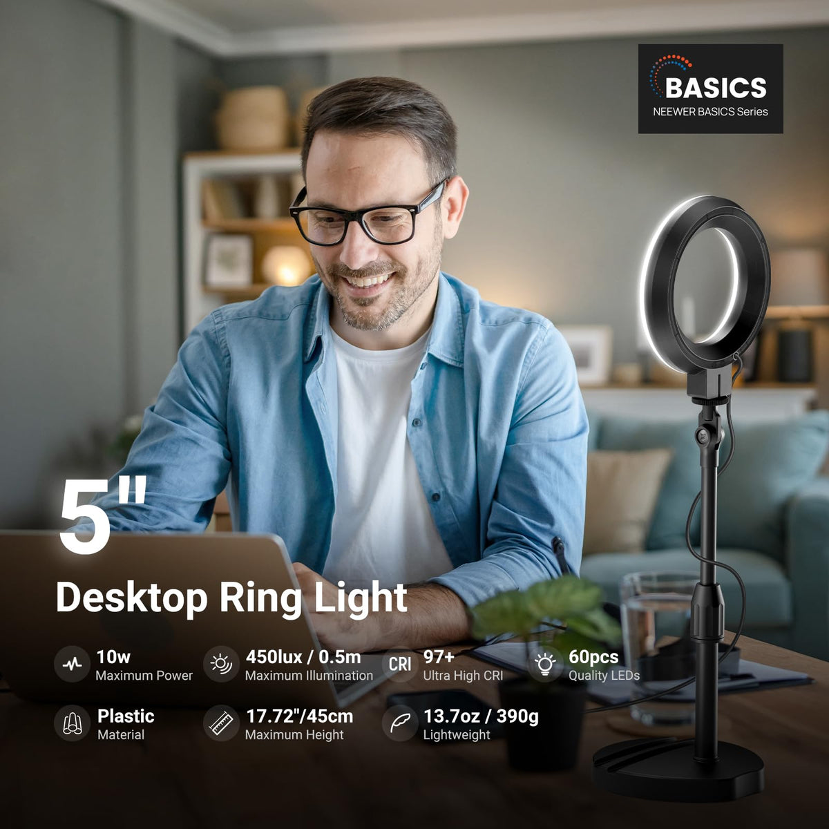 BASICS Black BR60 5" LED Desktop Ring Light with Stand Monitor Clamp