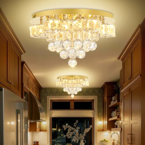 16" Gold Crystal Chandelier Semi Flush Mount Ceiling Light Crystal Close to Ceiling Light Fixtures for Bedroom Living Room Kitchen Hallway Dimmable Lighting 2700k 4500k 6000k (Gold / 16inch)