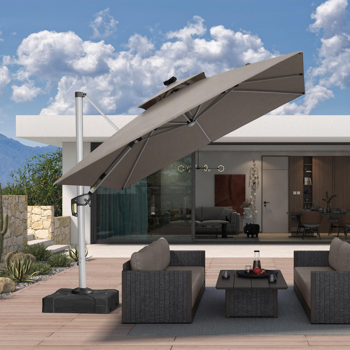 Patio Umbrella 10' X 10' Double Top Solar LED (Sunbrella Taupe / 10' X 10' (Preminum))