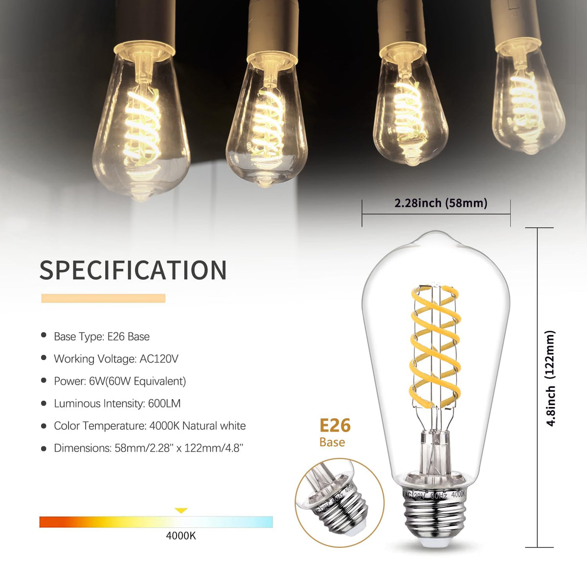 6 PCS ST58 Dimmable Spiral Vintage E26 LED Bulb 60 Watt LED Edison Bulbs (4000k 6pack)