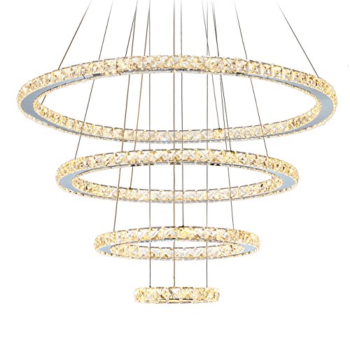 LED Crystal Chandeliers Modern Ceiling Lights Light Fixtures Pendant Lighting Dining Room Chandelier Contemporary Adjustable Stainless Steel Cable 4 Rings D31.5+23.6"+15.7"+7.8" (31.49")