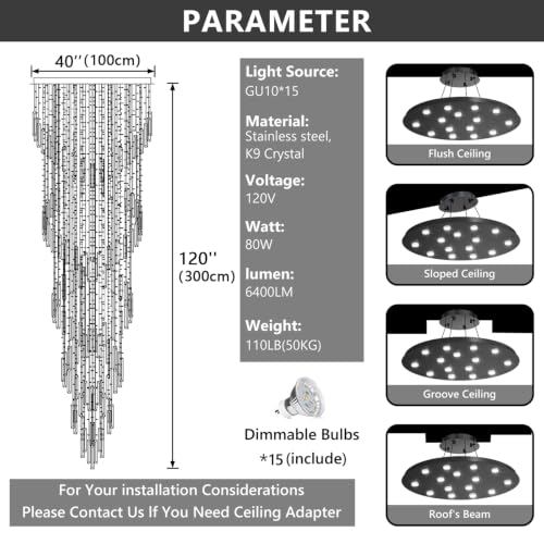 D40'' x H120'' Crystal Chandelier High Ceiling Chandeliers for Entryway Large Raindrop Chandeliers LED Dimmable Flush Mount Light Fixtures for Staircaes Foyer Hallway Living Room Bulbs Included Black (D40" x H120" Black)