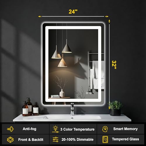 LED Bathroom Mirror with Lights (3 Light Modes / 32"L x 24"W)