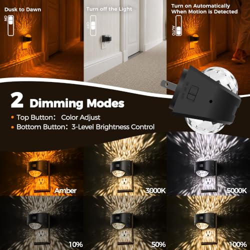 Motion Night Light Projector Dimmable 3 Colors Warm Rotatable (Black-Motion)