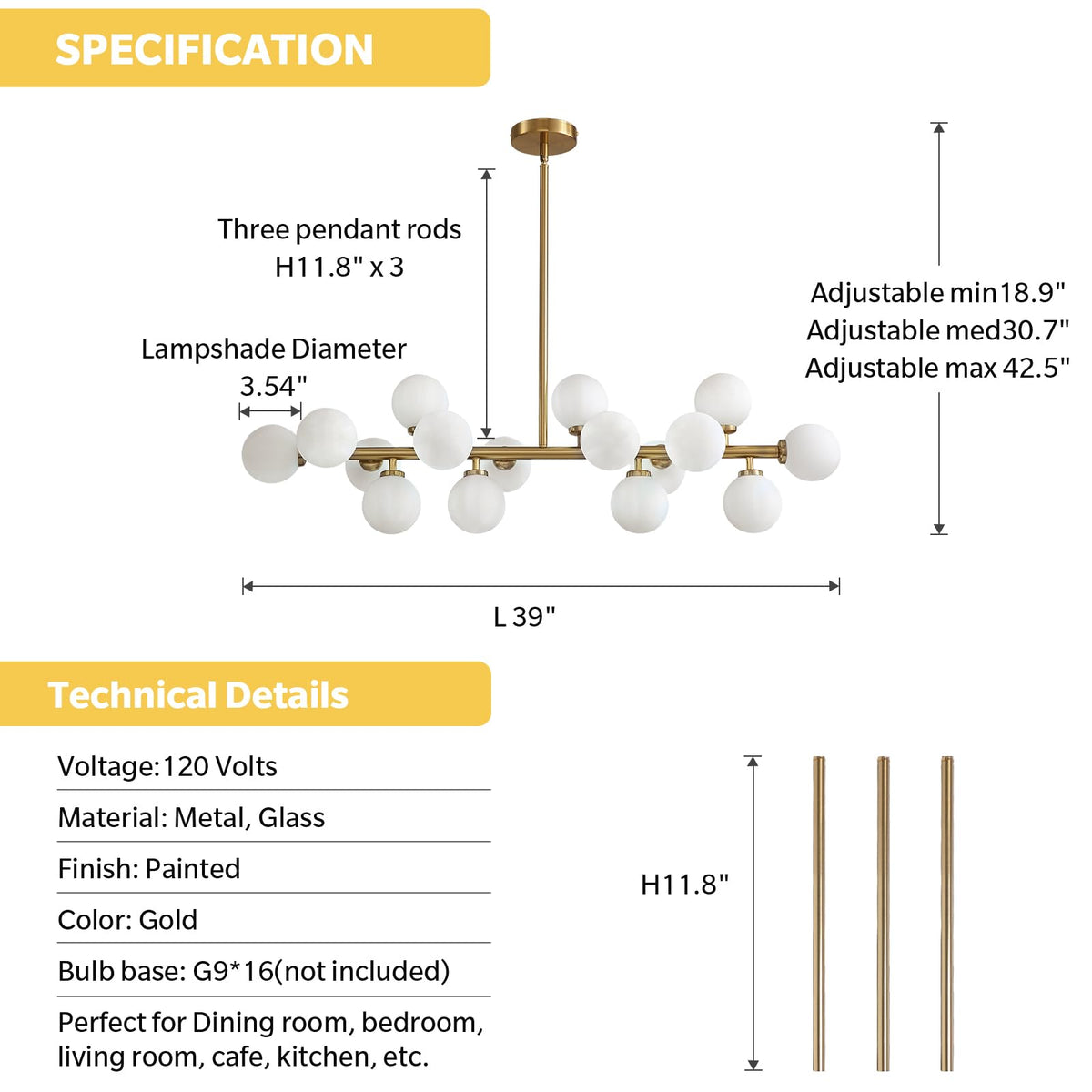 Gold Dining Room Chandelier Over Table Mid Century Modern Chandelier White Glass Globe Lampshade Linear Pendant Lighting Fixture for Living Room Dining Table 16 Lights (Gold)