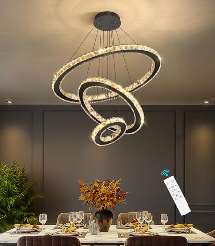Modern Ring Crystal Chandelier Remote Dimmable LED Ceiling Light Fixtures Stainless Steel Pendant Lighting for Living Room Dining Room Bedroom