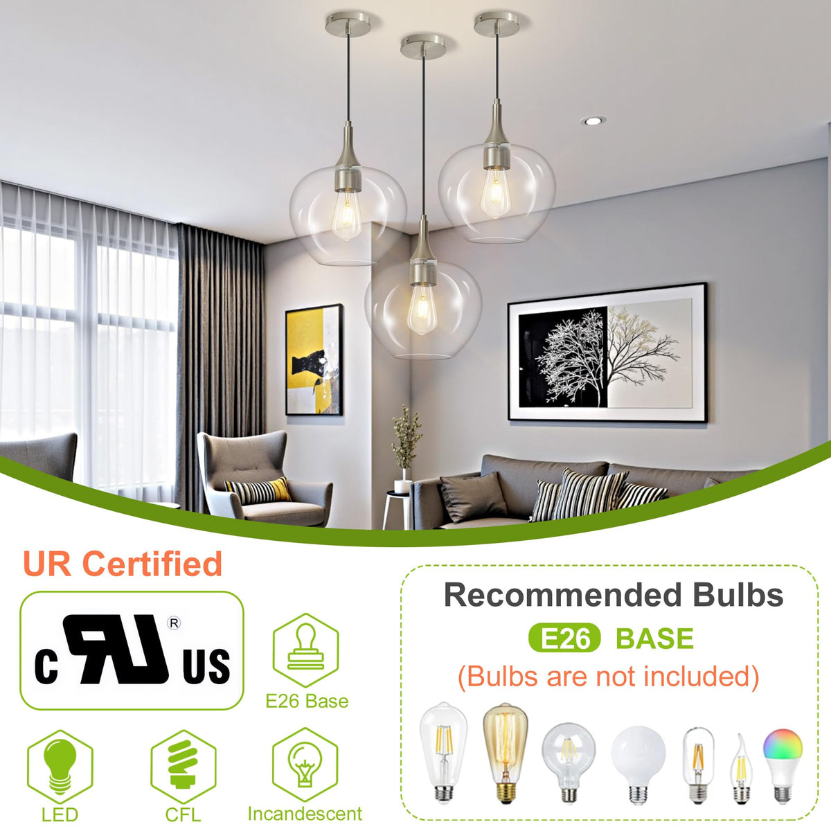 9.45in Nickel Pendant Lights Kitchen Island with Clear Glass Shade 1Pack (Nickel-Clear Glass)