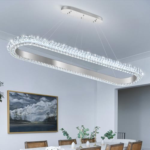 47'' Oval Ring Crystal Chandelier Modern LED Dimmable Ring Pendant Light Chandelier for Dining Room Living Room Silver (Silver / 1 Ring Oval 47")