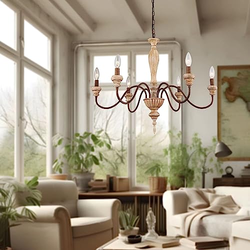 6 Light 28in Farmhouse French Country Chandelier for Dining Room (Brown)