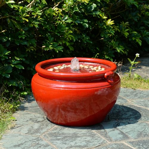 Red Glazed Resin Outdoor Water Fountain with LED Lights (Red Round Flow Fountains)