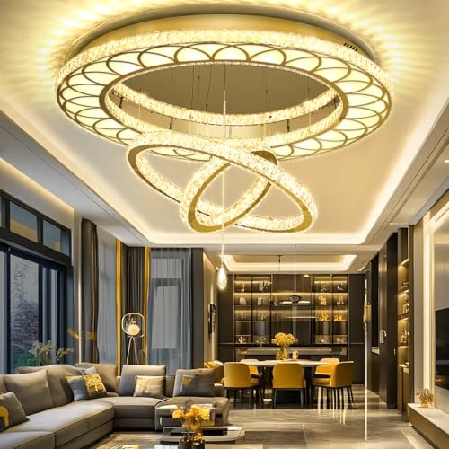 Dia 48" Large Chandelier Crystal Gold Ceiling Light Fixtures LED Flush Mount Ceiling Light for Living Room Bedrooms Dining Room Dimmable 2700k 4500k 6000k (Gold / W:48inches)