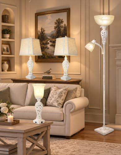 Torchiere Floor Lamp with Adjustable Reading Light for Living Room Corner (Washed White)