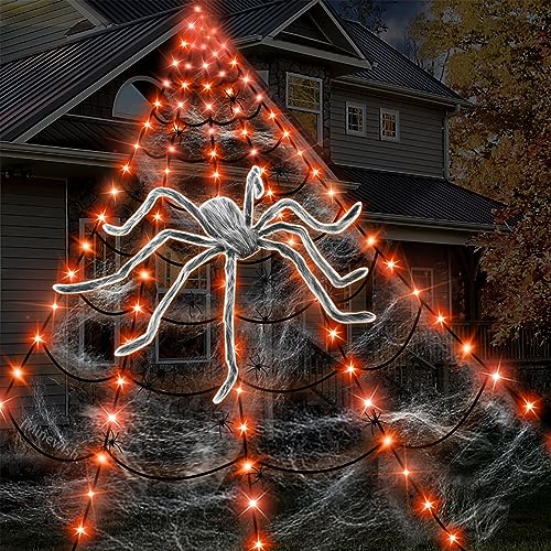 Spider Web Lights Halloween Decorations Outdoor (White Spider, Black Web, Orange LED)