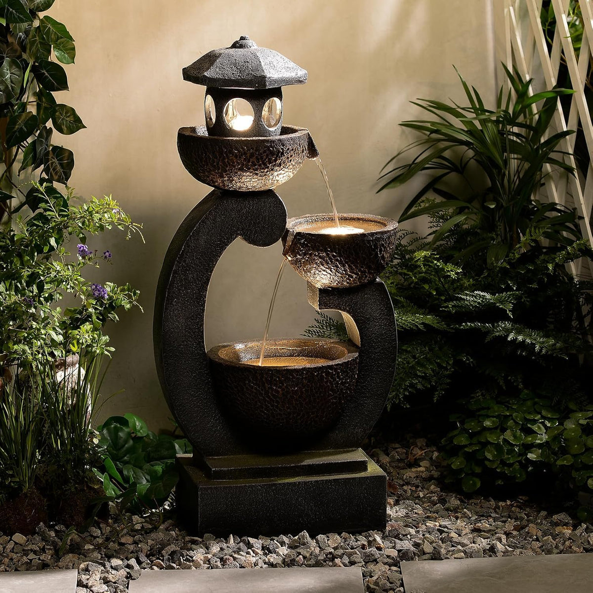 36" Zen Pagoda Waterfall Fountain with LED Light (35.5"h-gray)