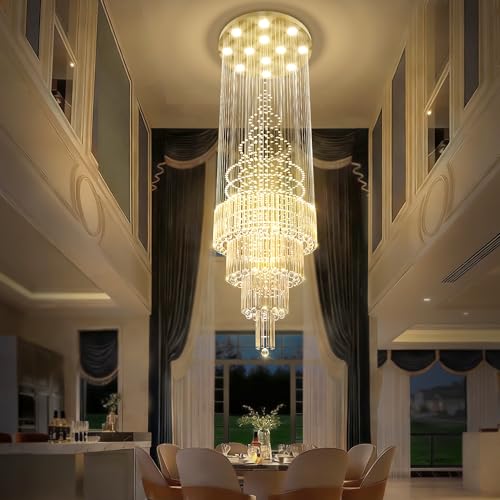 D32''XH79'' Modern Foyer Chandelier for High Ceiling Raindrop Crystal Chandelier High Ceiling Pendant Light Fixture for Hallway Living Room Gold Stairwell Chandeliers (Gold / D32"X H79")