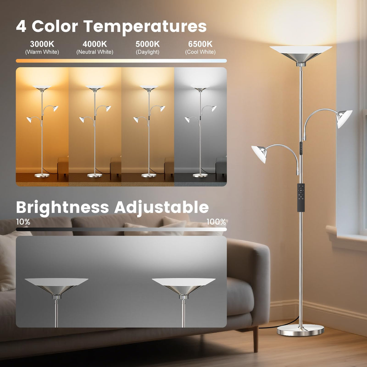 42W 3 Light Torchiere Floor Lamp (Metal Silver)