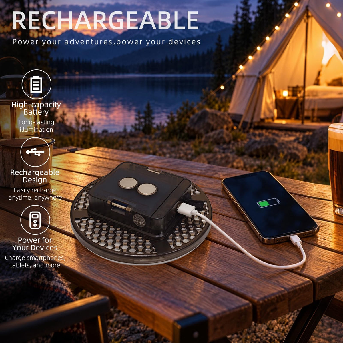 Rechargeable Camping Tent Light Portable LED Lights (60W Dual Light Sources Transparent（Remote）)