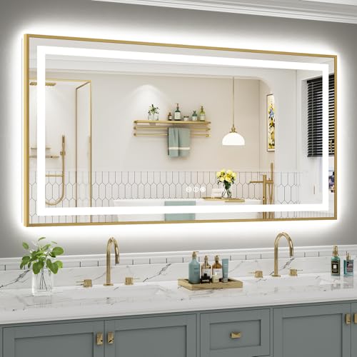 66x36 Inch LED Bathroom Mirror with Gold Frame (Backlit+front Lit With Gold Frame / 66"L x 36"W)