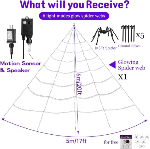 Motion Activated Lighting&Speaking] 20 * 17FT Halloween Spider Web 150 Led Purple&Orange Lights Light Up Lighted Triangular Giant Waterproof with 200sqft Cobweb for Outdoor Decor Yard Decoration