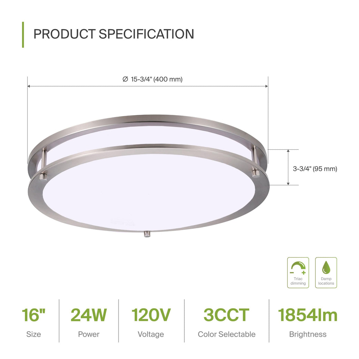 LED 16" Round Flush Mount Lighting (Brushed Nickel)