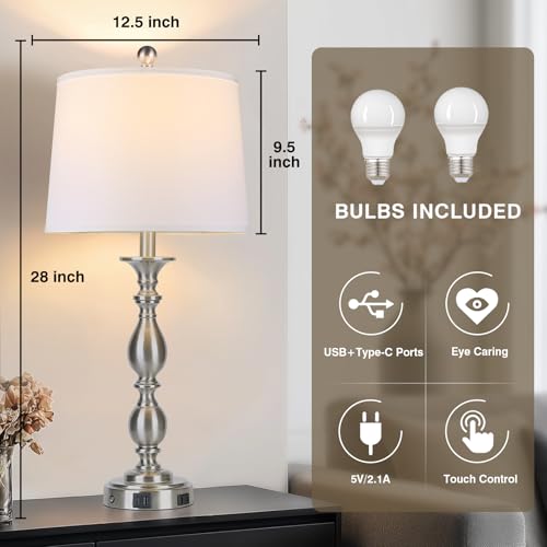 28" Tall Modern Table Lamps Set of 2 with USB A+C Ports and AC Outlet (Silver-2 Pack)