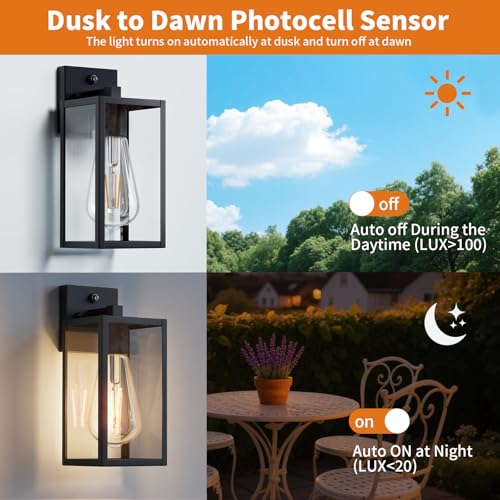 2 Pack 13‘’ Dusk to Dawn Outdoor Wall Light Fixture (Black / Medium-13.3'')