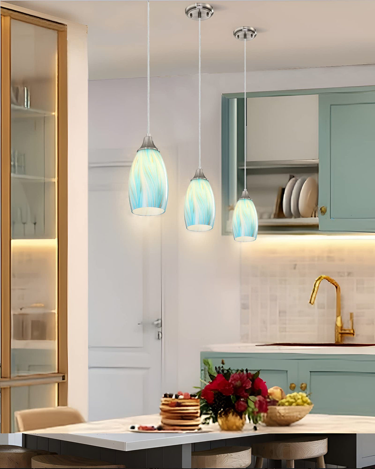 Mini Art Glass Pendant Lights Kitchen Island (Teal(Aqua)with Gold-3Packs)