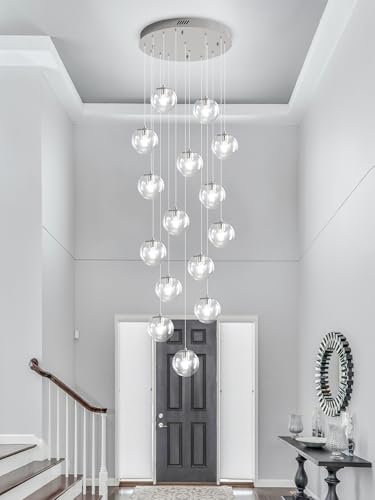 H138 LED Staircase Chandelier 15 (Silver-Clear / Globe 15-Light)