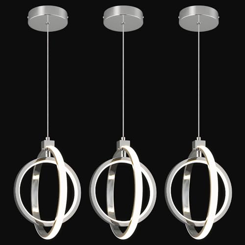 Modern LED Chandelier Chrome Ring Pendant Light Fixtures 4000K Dimmable Height Adjustable Pendant Lighting for Dining Room Kitchen Island Bedroom Living Room Foyer（Chrome Round 3 (Chrome / Round-3Pack)