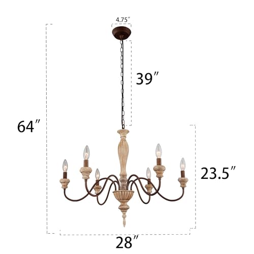 6 Light 28in Farmhouse French Country Chandelier for Dining Room (Brown)