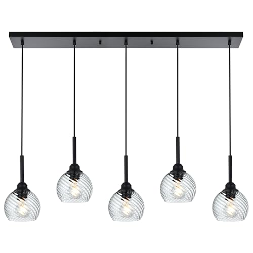 5 Light Kitchen Pendant Lighting Over Island with Striped Swirl Globe Glass (Transparent / 5-Light-Straight Bar)