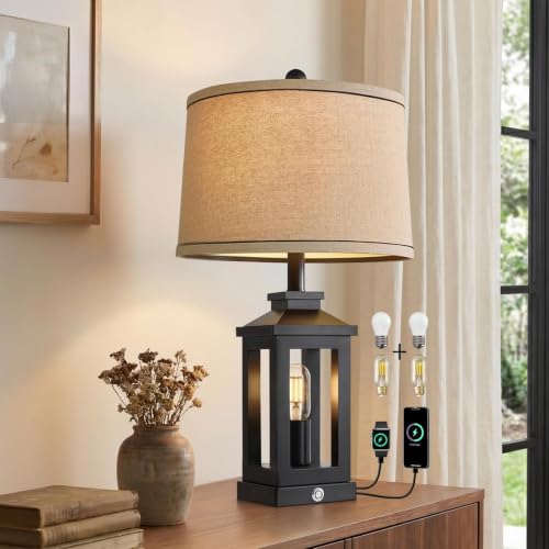 23.75" Retro Farmhouse Black Table Lamp for Living Room Bedroom Nightstand (Black)