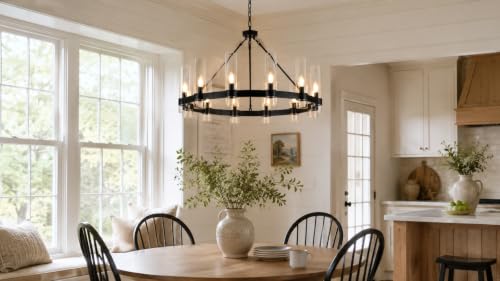 38 Inch Large Black Wagon Wheel Chandelier 12 Lights with Glass Shade (Black / 38 Inch)