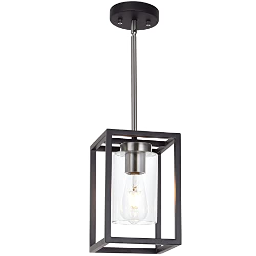 Single 1 Light Black and Brushed Nickel Modern Glass Pendant Light Industrial Modern Metal Chandelier with Clear Glass Shade for Dining Room Kitchen Island Foyer Cafe (Black and Brushed Nickel / 1 Light)