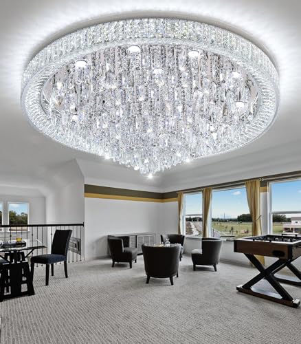 47" Modern Chandeliers LED Dimmable Crystal Flush Mount Ceiling Chandeliers for Living Room High Ceiling Entrance Foyer Lobby Bedroom Silver (Silver / 47.2" Width)