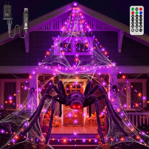 Halloween Sipder Web Lights 454 LED 16.4 FT Tall with Red Eyes Giant Spider (Orange&Purple / 16.4FT)
