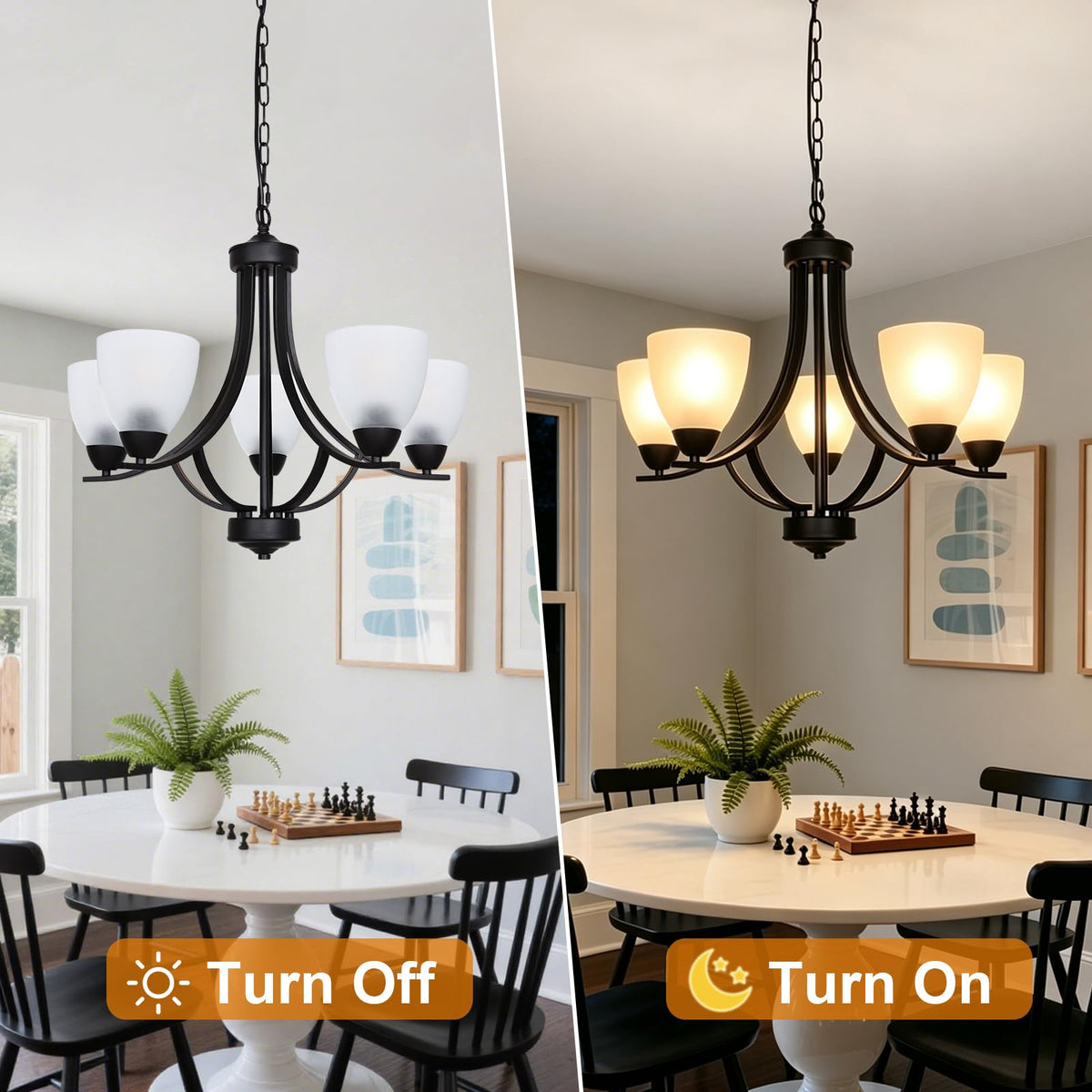5 Light Shaded Contemporary Chandeliers with Alabaster Glass Black Rustic Light Fixtures Ceiling Hanging Mid Century Modern Pendant Lighting for Dining Room Foyer Bedroom Living Room (Black / 5 Light)