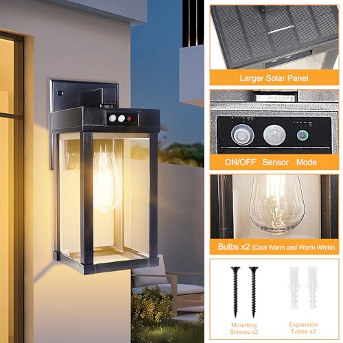 Solar Wall Lights Outdoor Waterproof with 3 Lighting Modes & Motion Sensor (Black 2 Pack)