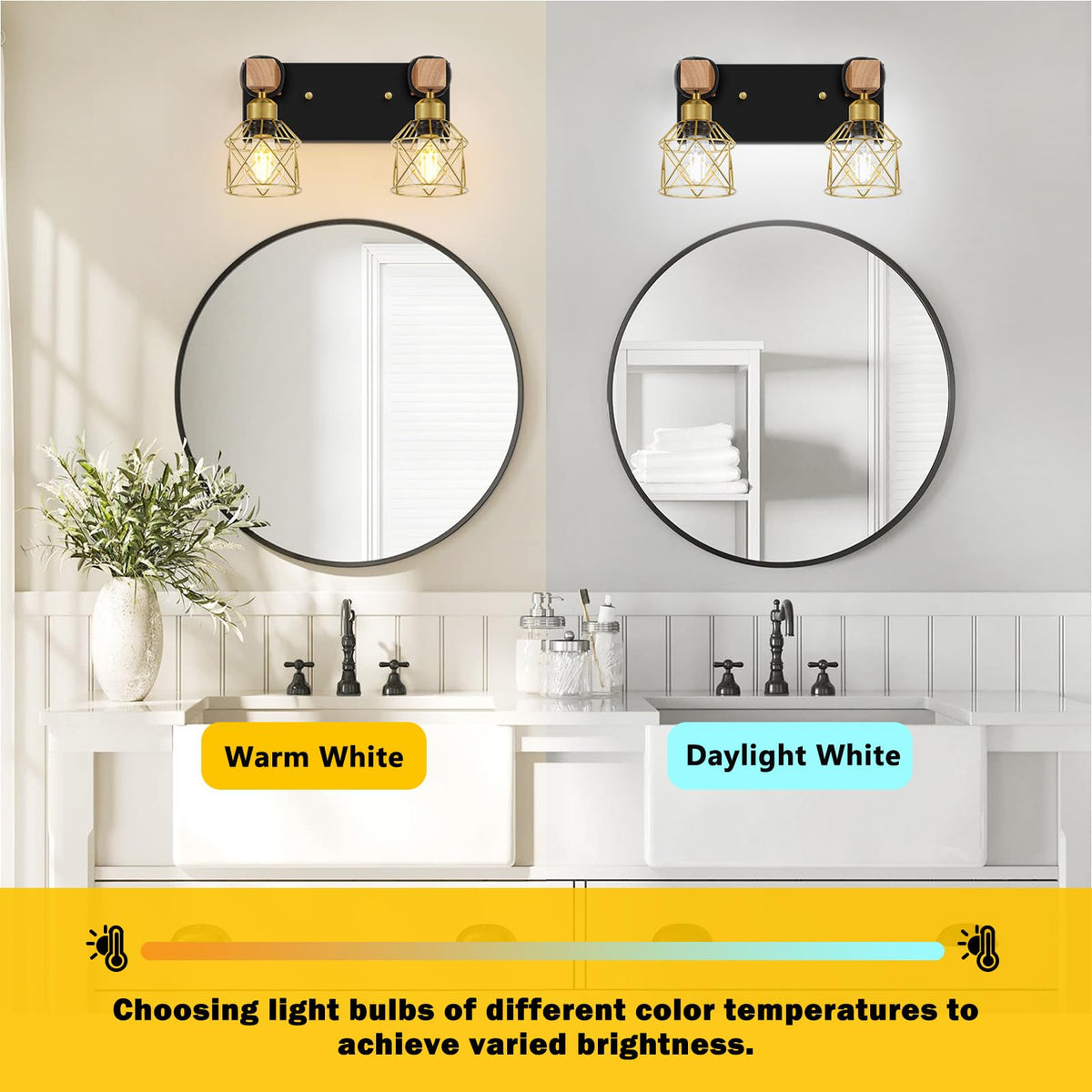 Rustic Style Wood Bathroom Wall Sconces (Black & Gold / 2-Lights)