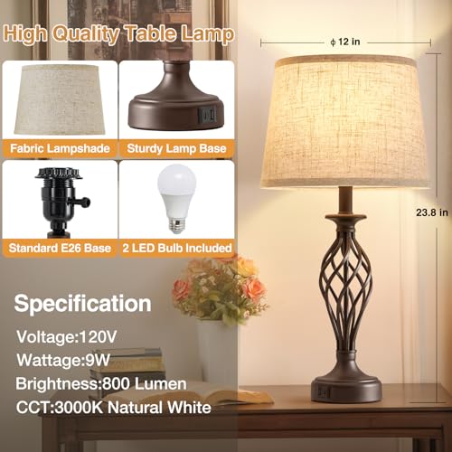Table Lamp for Bedroom Set of 2 with USB C+A Ports (Brown Base + Beige Lampshade)