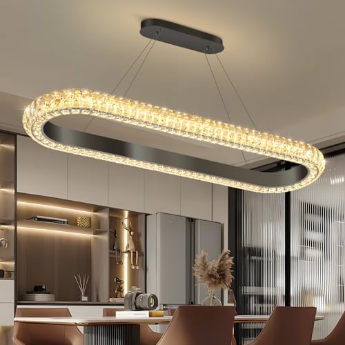 40'' Oval Ring Crystal Chandelier Modern LED Dimmable Ring Pendant Light Chandelier for Dining Room Living Room Black (Black / 1 Ring Oval 40")