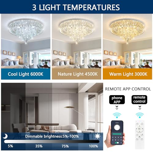 Modern Crystal Chandeliers for Dining Room LED Light Fixture Close to Ceiling Chandelier Flush Mount Ceiling Light Dimmable Lamp with Remote for Living Room Bedroom Hallway 2700K 6000K (Silver / 19.7" Width)
