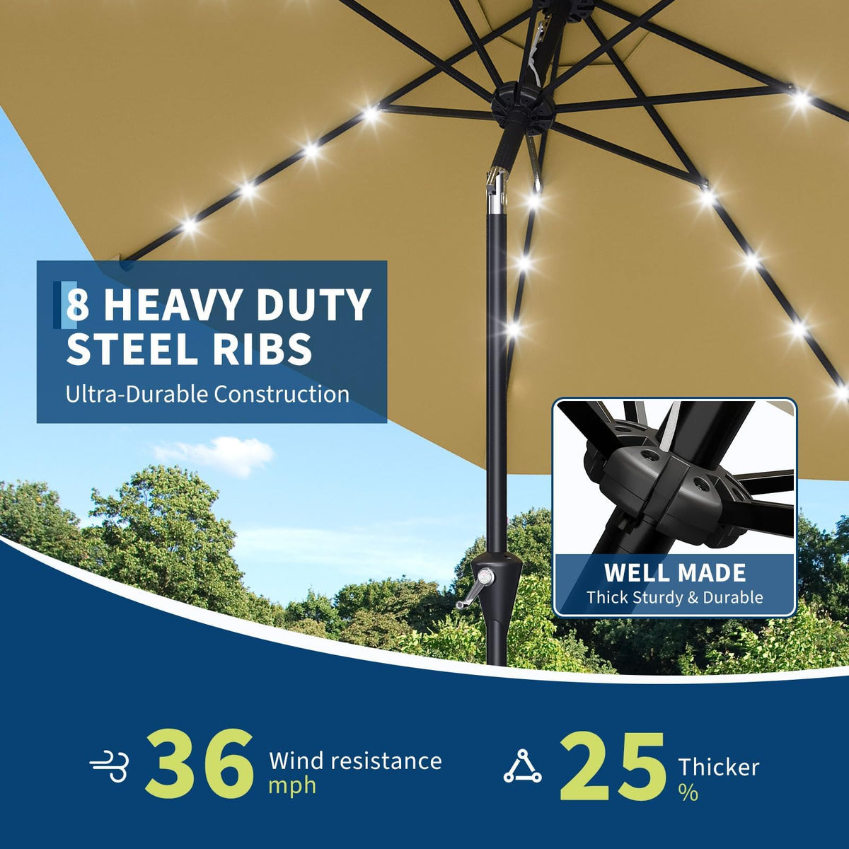 9FT Solar Patio Umbrella Outdoor Umbrella with 32 LED Lights (Tan / 9ft With Lights)