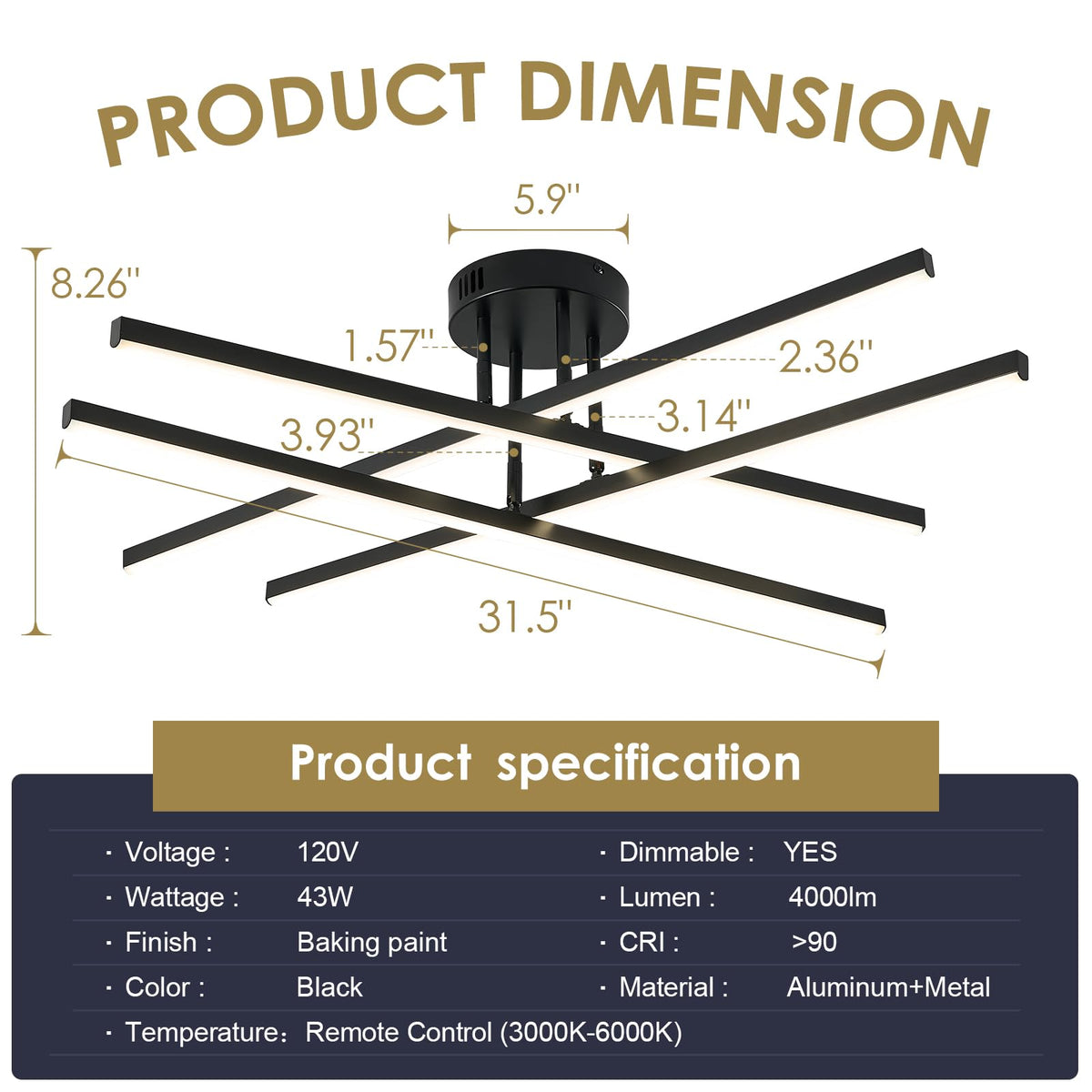Modern 31.5" Black Semi (Black-A / 4 Lights - Remote Control - 31.5")