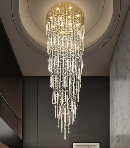 98'' Modern Crystal Chandelier High Ceiling Chandeliers for Entryway Large Raindrop Chandeliers LED Dimmable Flush Mount Light Fixtures for Staircaes Foyer Hallway Living Room LED Bulbs Included Gold (D32'' x H100'' Gold)